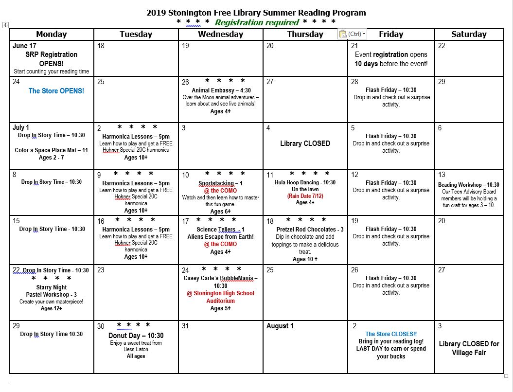 Youth Summer Reading Calendar