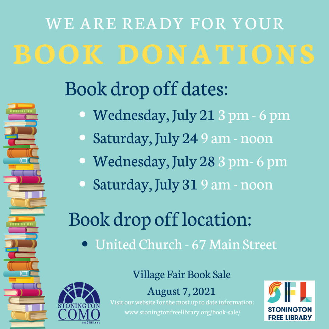 Book drop off dates: Wednesday, July 21 3 pm - 6 pm Saturday, July 24 9 am - noon Wednesday, July 28 3 pm- 6 pm Saturday, July 31 9 am - noon
